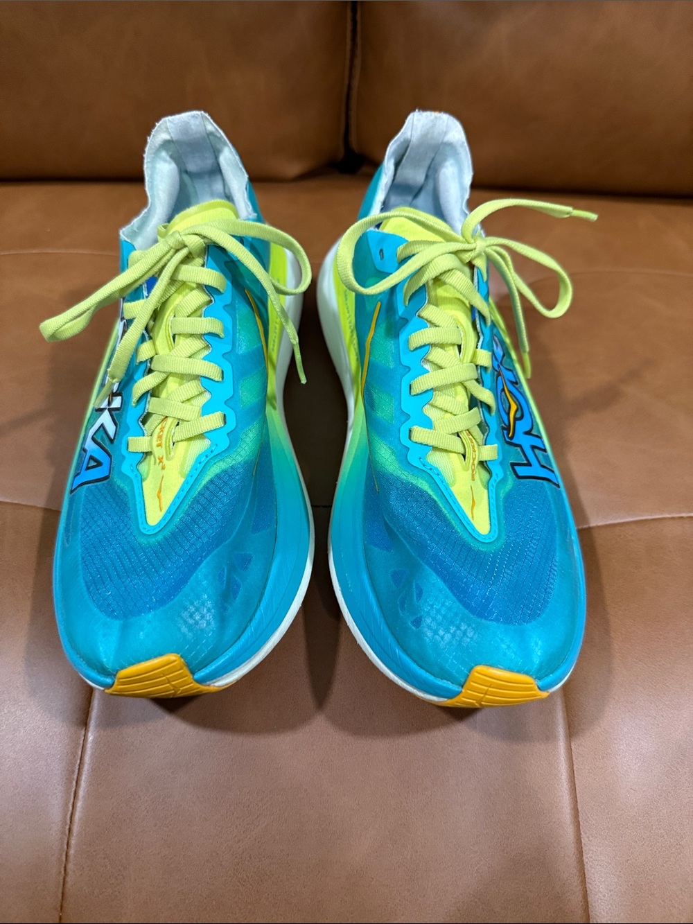 Hoka Women's Aqua and Lime Performance Running Shoes Rocket x 2.